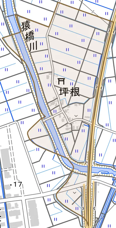 坪根とその周辺の地図。町の範囲を重ねている