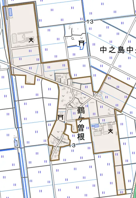 鶴ケ曽根とその周辺の地図。町の範囲を重ねている