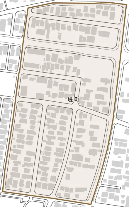 堤町とその周辺の地図。町の範囲を重ねている