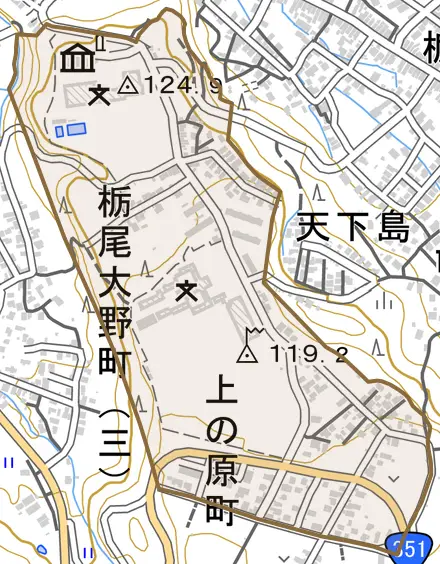上の原町とその周辺の地図。町の範囲を重ねている