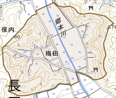 梅田とその周辺の地図。町の範囲を重ねている