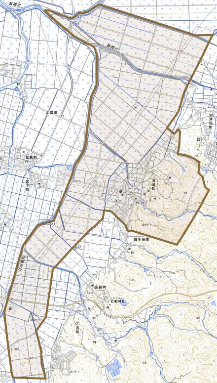 浦瀬町とその周辺の地図。町の範囲を重ねている