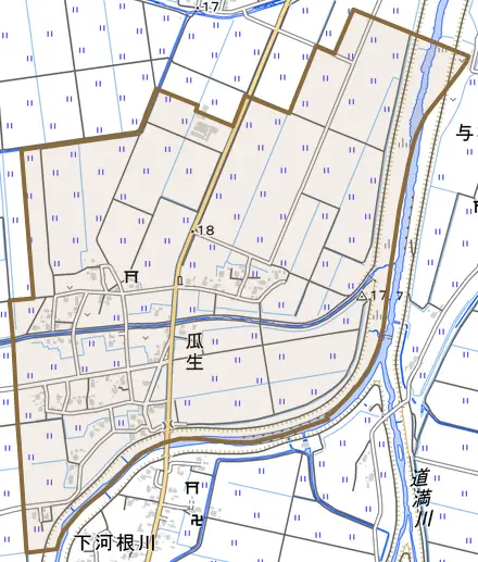 瓜生とその周辺の地図。町の範囲を重ねている
