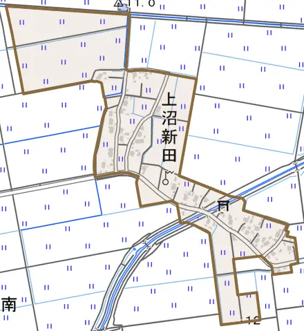 上沼新田とその周辺の地図。町の範囲を重ねている