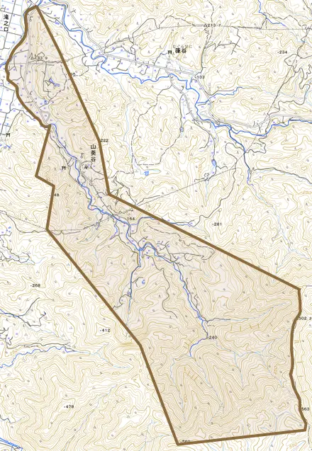 山葵谷とその周辺の地図。町の範囲を重ねている