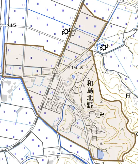 和島北野とその周辺の地図。町の範囲を重ねている