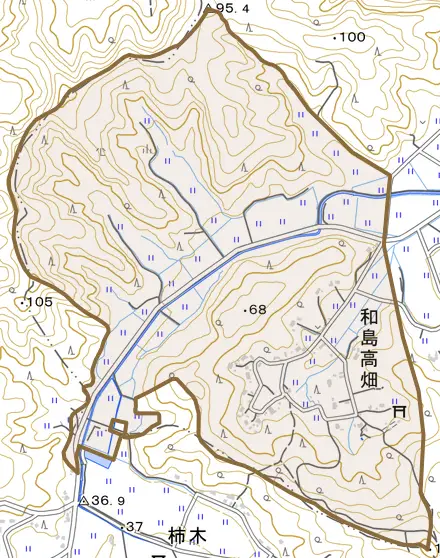和島高畑とその周辺の地図。町の範囲を重ねている