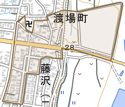 渡場町とその周辺の地図。町の範囲を重ねている