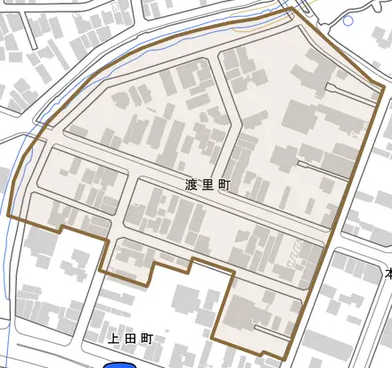 渡里町とその周辺の地図。町の範囲を重ねている