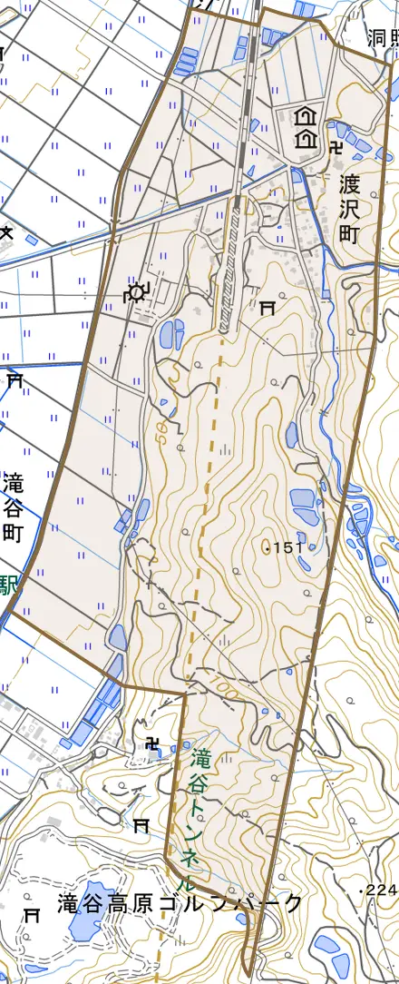 渡沢町とその周辺の地図。町の範囲を重ねている