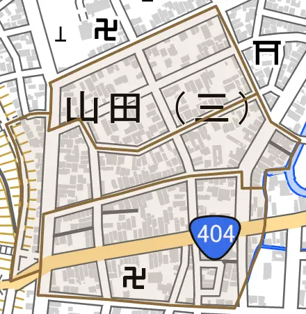 山田とその周辺の地図。町の範囲を重ねている