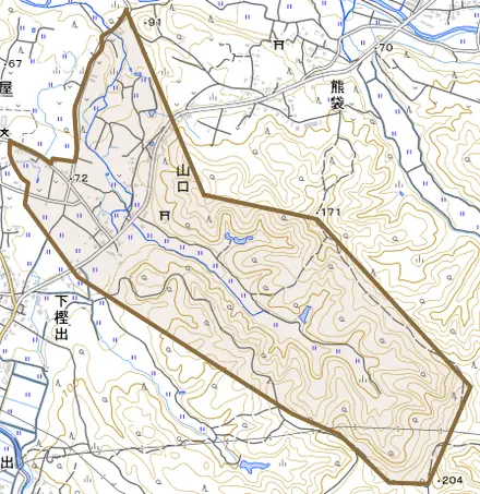 山口とその周辺の地図。町の範囲を重ねている