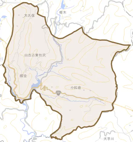 山古志東竹沢とその周辺の地図。町の範囲を重ねている