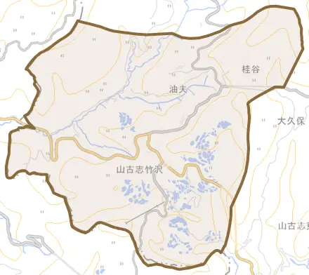 山古志竹沢とその周辺の地図。町の範囲を重ねている
