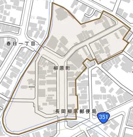 柳原町とその周辺の地図。町の範囲を重ねている
