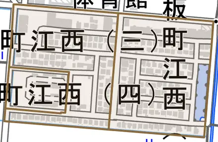 与板町江西とその周辺の地図。町の範囲を重ねている