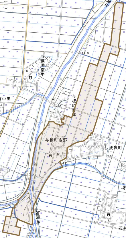 与板町広野とその周辺の地図。町の範囲を重ねている