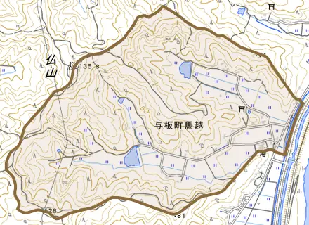 与板町馬越とその周辺の地図。町の範囲を重ねている
