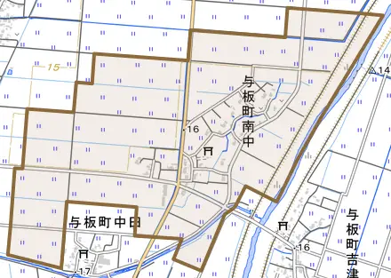 与板町南中とその周辺の地図。町の範囲を重ねている