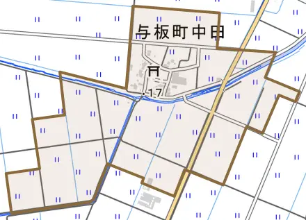 与板町中田とその周辺の地図。町の範囲を重ねている