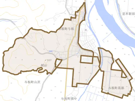 与板町与板とその周辺の地図。町の範囲を重ねている