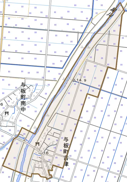 与板町吉津とその周辺の地図。町の範囲を重ねている