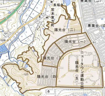 陽光台とその周辺の地図。町の範囲を重ねている