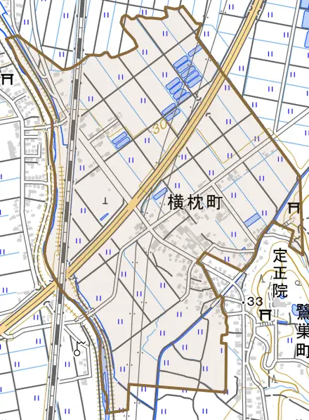 横枕町とその周辺の地図。町の範囲を重ねている