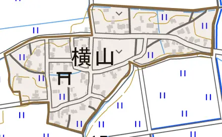 横山とその周辺の地図。町の範囲を重ねている