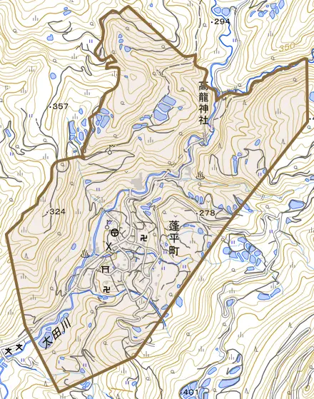 蓬平町とその周辺の地図。町の範囲を重ねている