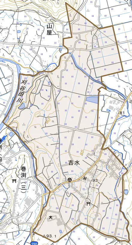 吉水とその周辺の地図。町の範囲を重ねている