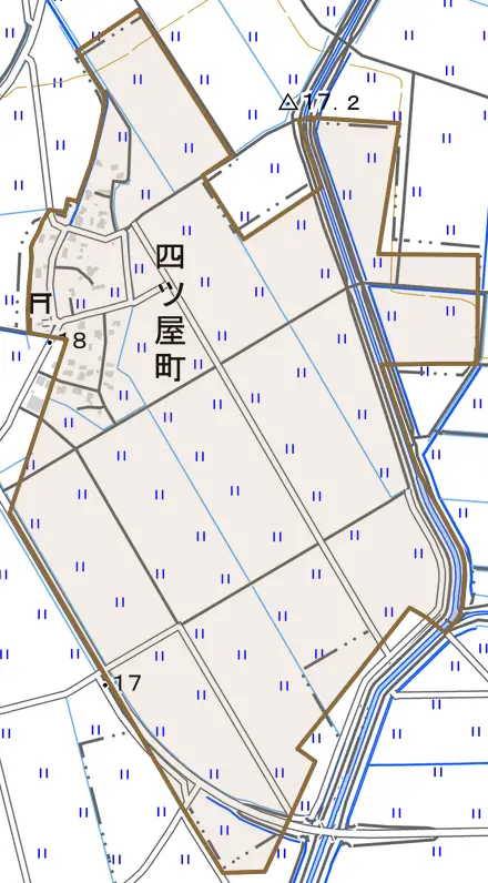 四ツ屋町とその周辺の地図。町の範囲を重ねている