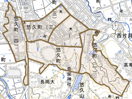 悠久町とその周辺の地図。町の範囲を重ねている