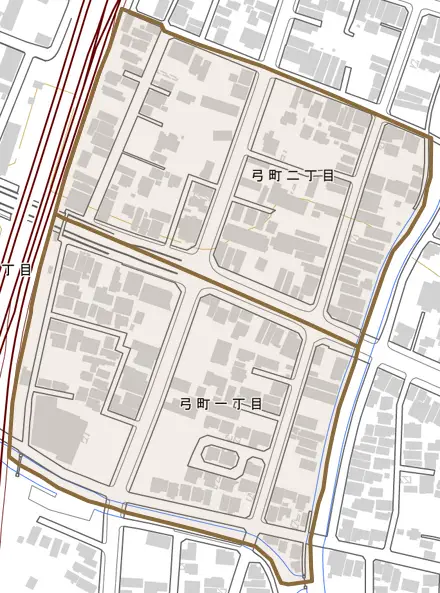 弓町とその周辺の地図。町の範囲を重ねている