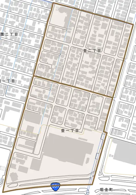 豊とその周辺の地図。町の範囲を重ねている