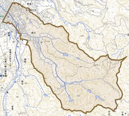 朝日とその周辺の地図。町の範囲を重ねている