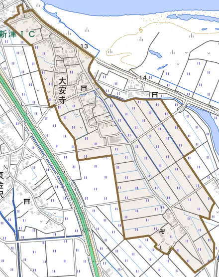 大安寺とその周辺の地図。町の範囲を重ねている