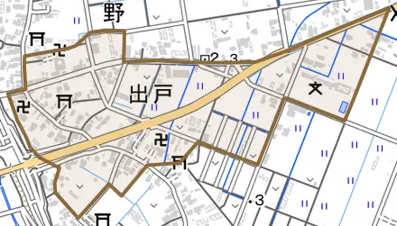出戸とその周辺の地図。町の範囲を重ねている