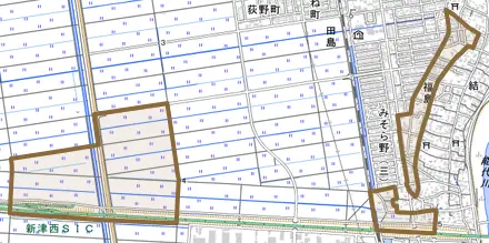 福島とその周辺の地図。町の範囲を重ねている