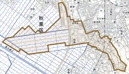 程島とその周辺の地図。町の範囲を重ねている