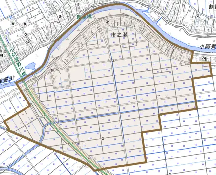 市之瀬とその周辺の地図。町の範囲を重ねている
