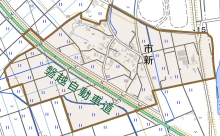 市新とその周辺の地図。町の範囲を重ねている