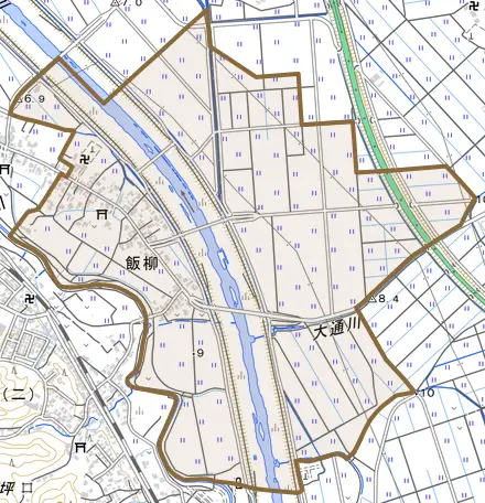 飯柳とその周辺の地図。町の範囲を重ねている