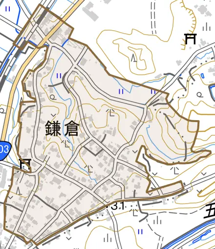 鎌倉とその周辺の地図。町の範囲を重ねている