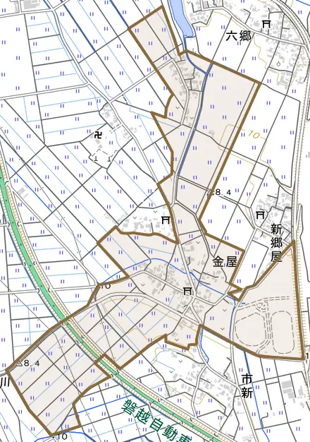 金屋とその周辺の地図。町の範囲を重ねている