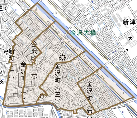 金沢町とその周辺の地図。町の範囲を重ねている