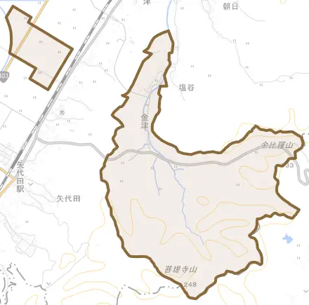 金津とその周辺の地図。町の範囲を重ねている