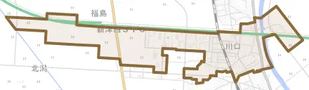 川口とその周辺の地図。町の範囲を重ねている