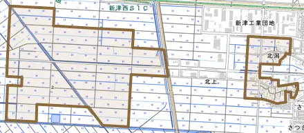 北潟とその周辺の地図。町の範囲を重ねている