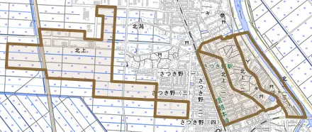 北上とその周辺の地図。町の範囲を重ねている